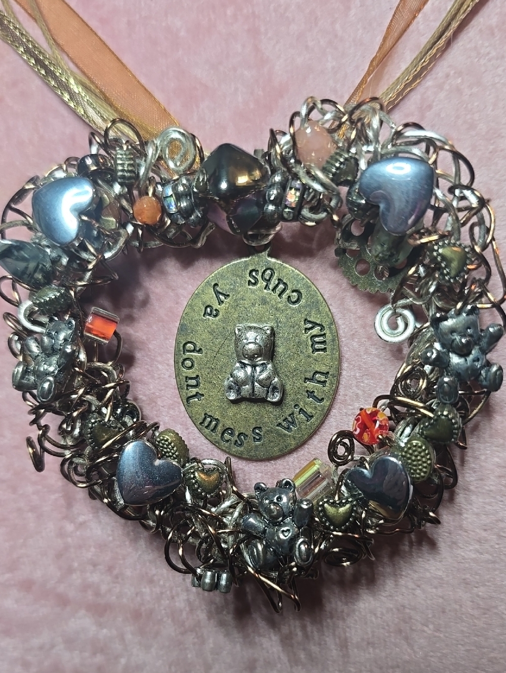 Teddy Bear Ribbon Heart Wreath Necklace W/Teddy Bears, Silver, Copper & Peach